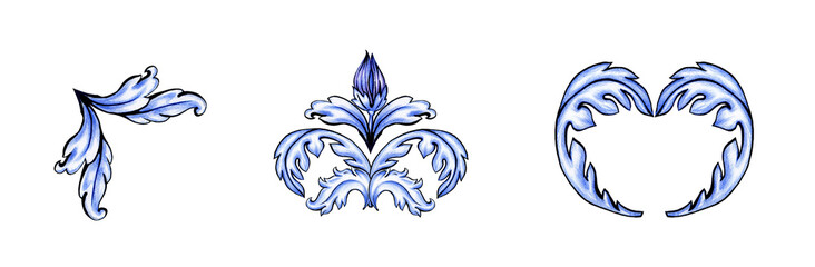 Set of three blue baroque acanthus elements: a corner piece, a symmetrical centerpiece with a bud, and a heart frame. Hand-drawn decorative assets for design.