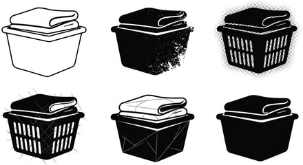 Laundry basket vector set, folded clothes illustration, washing container design, household cleaning concept, fabric care, laundry room icon collection.