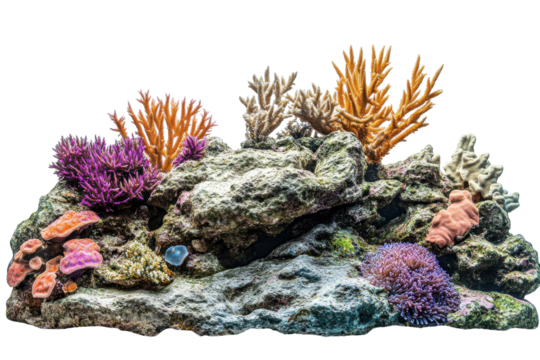 Colorful coral reef formation with various textures and shapes isolated on transparent background. Tropical coral reef on rocks isolated on white background.