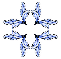 Symmetrical rosette composed of eight swirling blue acanthus leaves with a hand-drawn style. Traditional decorative element for tiles, ceramics, or textile print.
