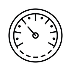 A gauge or speedometer graphic with a needle pointing left surrounded by markings and housed in a circular frame