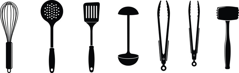 Kitchen utensil silhouette set, black vector tools collection, whisk, spatula, tongs, ladle, hammer, cooking equipment, food preparation design