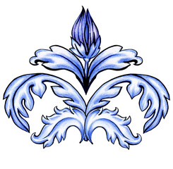 Symmetrical hand-drawn baroque acanthus element in shades of blue, featuring swirling leaves and a central floral bud. Elegant classical decoration for design.
