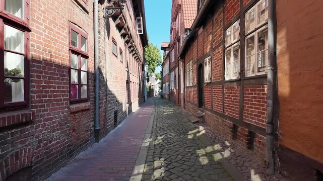 Panoramic view of historic red brick gothic houses in the old town of Luneburg in Germany