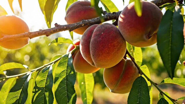 Close-up of ripe, fuzzy peaches hanging on a sun-drenched branch with lush green leaves, signifying fresh summer fruit harvest.