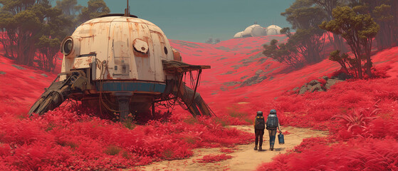Human Colonists Planting Glowing Alien Flora on Red Wasteland Planet – Futuristic Sci-Fi Colonization Concept