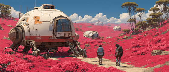 Human Colonists Planting Glowing Alien Flora on Red Wasteland Planet – Futuristic Sci-Fi Colonization Concept