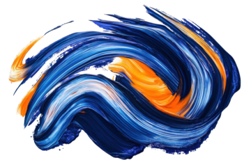 Abstract swirling paint brush strokes in orange and blue isolated on transparent background. Vibrant brushstroke blending shades of blue and orange isolated on white background.