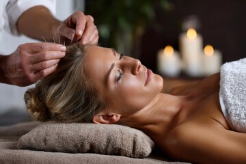 Woman receiving acupuncture treatment for health and wellness