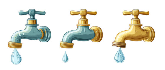 Fototapeta premium Three distinct water faucets in varying colors, showcasing a blue and a gold tap, each dripping water, set against a clean white background, ideal for plumbing or home improvement themes
