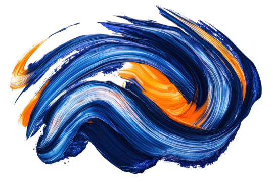 Abstract swirling paint brush strokes in orange and blue isolated on transparent background. Vibrant brushstroke blending shades of blue and orange isolated on white background.
