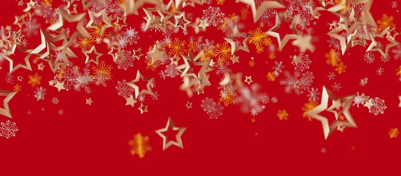 Abstract Christmas background featuring falling gold stars and snowflakes over a vibrant red backdrop, perfect for holiday promotions