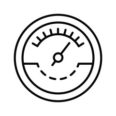 A round black gauge icon with a needle pointing to the right The gauge has markings and a dashed line