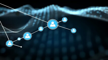 A network of connected user icons over an abstract, wavy blue digital grid - Powered by Adobe