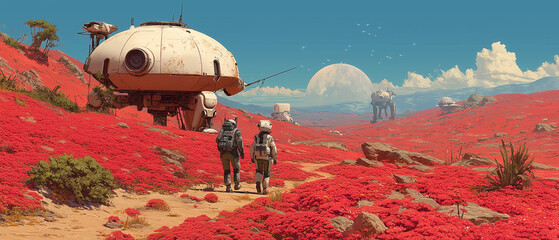 Human Colonists Planting Glowing Alien Flora on Red Wasteland Planet – Futuristic Sci-Fi Colonization Concept