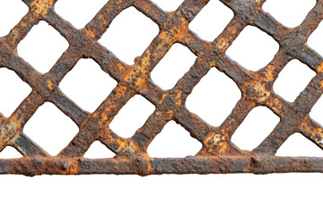 Rusty metal grate with square openings isolated on transparent background. Antique rusty metal grid with a weathered texture isolated on white background.