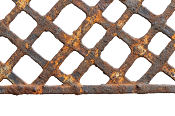 Rusty metal grate with square openings isolated on transparent background. Antique rusty metal grid with a weathered texture isolated on white background.