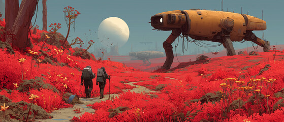 Human Colonists Planting Glowing Alien Flora on Red Wasteland Planet – Futuristic Sci-Fi Colonization Concept
