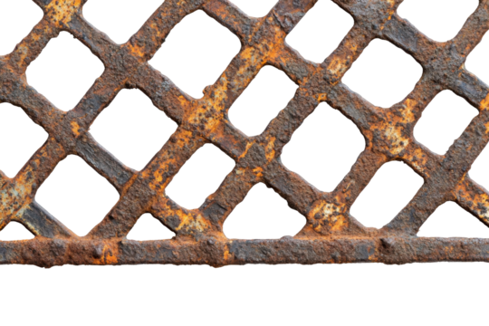 Rusty metal grate with square openings isolated on transparent background. Antique rusty metal grid with a weathered texture isolated on white background.