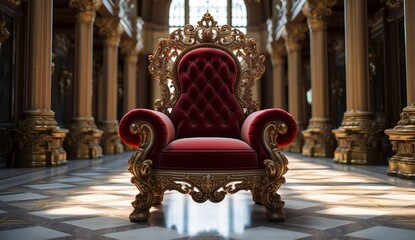 Fototapeta premium A lavish, ornate throne in a grand architectural space, showcasing rich textures and intricate detailing.