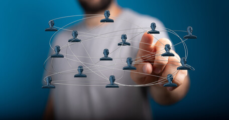 Close-up of a man's finger interacting with a visual representation of social network, connecting and relationships concept.