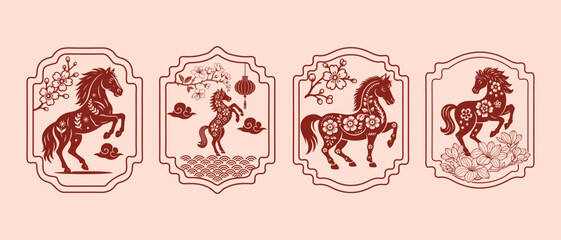 Vintage set vector illustration design with hand-drawn Happy Chinese New Year 2026 horse decorative pattern