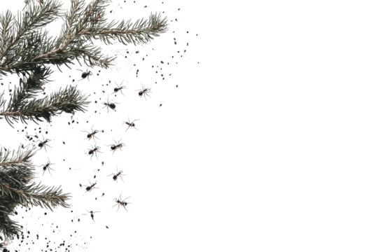 Close up of dark green pine tree branches and ant isolated on transparent background. Ants isolated on white background. - Powered by Adobe