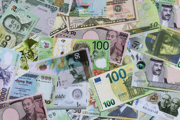 Money background, currency, paper banknotes from different countries. Money cash currency, green
