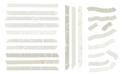 Set of realistic white adhesive tape strips, featuring wrinkled, creased, and torn masking paper pieces in various shapes.
