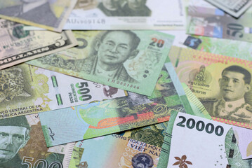 Money background, currency, paper banknotes from different countries. Money cash currency, green