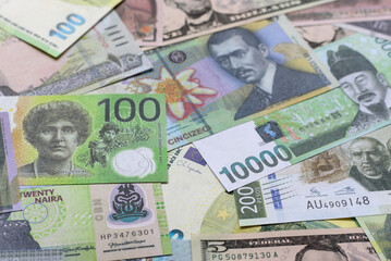 Money background, currency, paper banknotes from different countries. Money cash currency, green