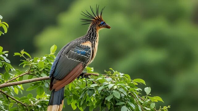 A striking hoatzin bird with a distinctive crest sits perched on a lush green branch, showcasing its unique plumage and vibrant colors in its natural habitat