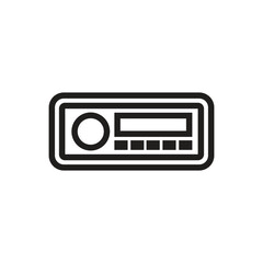 A simple illustration of a rectangular car radio with a round knob on the left and a small screen on the right