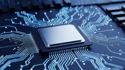 Closeup view of a central processing unit cpu chip on a blue printed circuit board with glowing blue traces, representing technology and data processing - Powered by Adobe