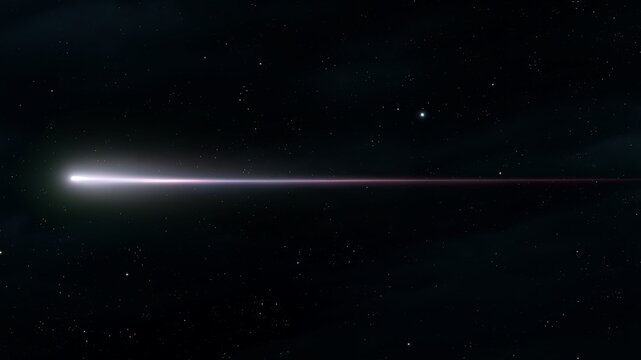 Bright meteor trail in the night sky. Meteorite isolated on black background. Fireball glowing in the dark.