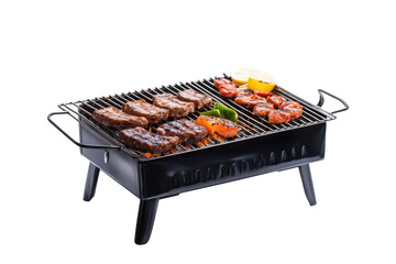 Barbecue grill with meat and vegetables cooking over flames isolated on transparent background. Barbecue grill isolated on white background.