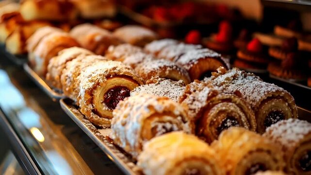 Prague, Czech Republic, Europe. A closeup shot of a display case filled with pastries. The pastries are golden brown with powdered sugar on top, and they have a jamfilled center.
