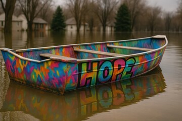 Resilient vessel displaying the word 'hope' amidst the flooded landscape providing optimism
