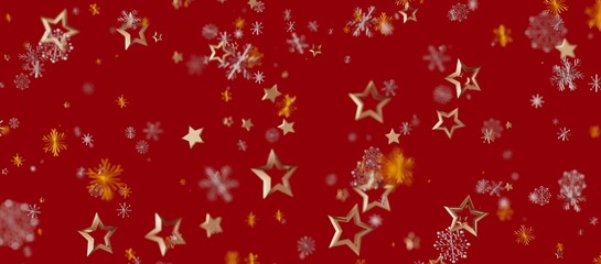 Christmas background with gold stars and snowflakes floating over a red backdrop, perfect for holiday greetings and festive designs. © vegefox.com