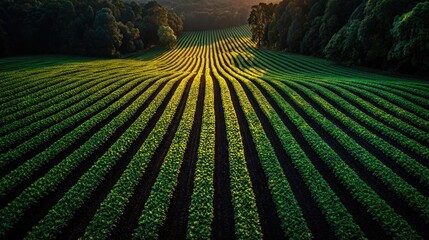 Expansive Lush Green Crop Field with Even Rows and Sunlight Shining Through Trees in Golden Hour, Captivating Rural Landscape Serenity