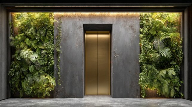 The lobby of a contemporary hotel showcases a sleek elevator set against a backdrop of lush greenery. The plants create an inviting and refreshing atmosphere for guests