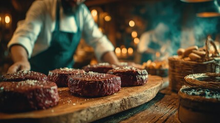 Delicious Raw Beef Steaks Prepared by Chef in Cozy Restaurant Kitchen with Soft Lighting and Rustic Ambiance for Culinary Inspiration