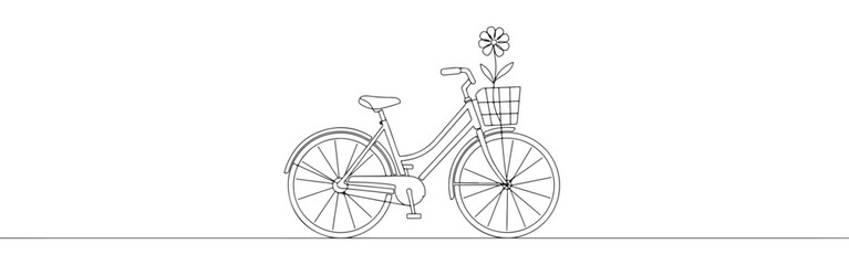 Continuous one line drawing of a bicycle with a flower in the basket. Concept of cycling, nature and healthy lifestyle