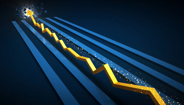 Golden Growth Chart Line Breaking Through Blue Barrier and Soaring Upward