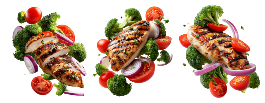 Grilled chicken breast with fresh broccoli florets and ripe tomatoes on white background. Concept of healthy food and fitness - Powered by Adobe