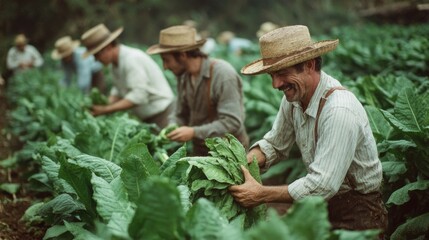 Group of farmers working diligently in a lush tobacco field, showcasing traditional agricultural practices, with focus on leaf harvesting and collaboration.