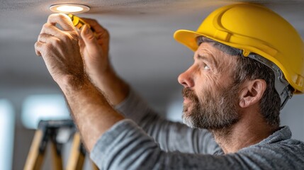 Skilled electrician installing ceiling light fixture with measuring tape, wearing safety helmet and working on home renovation project indoors