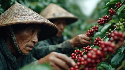 Traditional Coffee Farmers Harvesting Red Coffee Cherries in Lush Green Plantation Surrounded by Nature's Beauty and Cultural Heritage