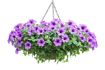 Abundant purple petunias in a hanging basket isolated on transparent background. Beautiful hanging basket with blooming purple petunia flowers and green leaves isolated on white background.