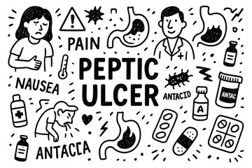 Peptic ulcer doodle composition with doctors, stomach pain, and acid icons, Transparent Background